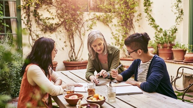 Illustration of a mature woman tutoring two younger women with notebooks at a garden table in warm sunlight
