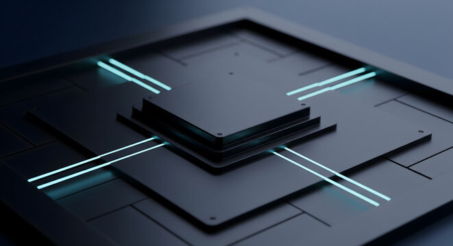 Abstract futuristic microprocessor chip with glowing digital light pathways in a dark setting