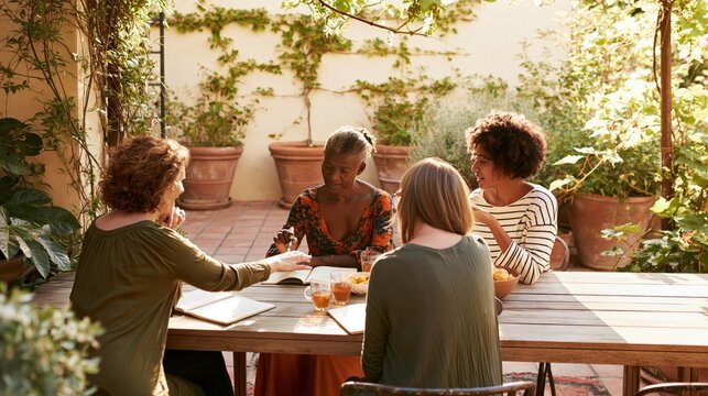 Group of women sharing tea and talking around a wooden table in a sunny courtyard garden