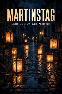 St martins day lanterns glowing on a wet cobblestone street at night, festive atmosphere in a traditional village