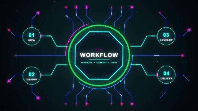 Digital circuit diagram expanding with glowing nodes and connecting lines in dark futuristic space