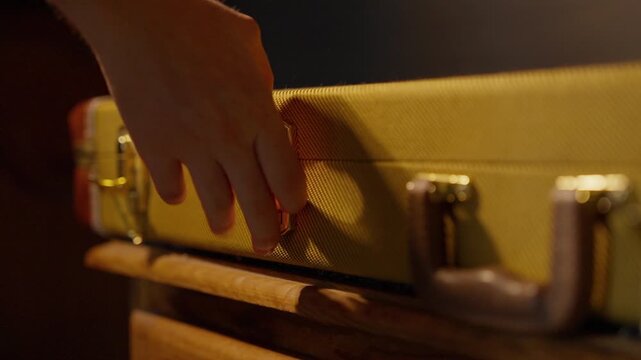 Hands unlatch gold clasps and open a vintage tweed instrument case.