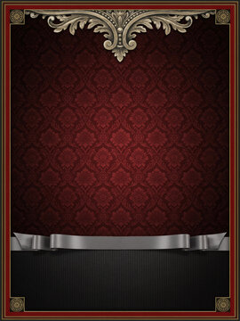 Vintage red damask background with elegant gold frame