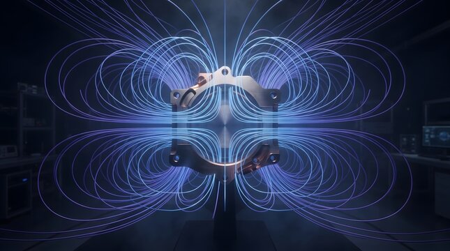 Blue electromagnetic field lines radiating from a mechanical part