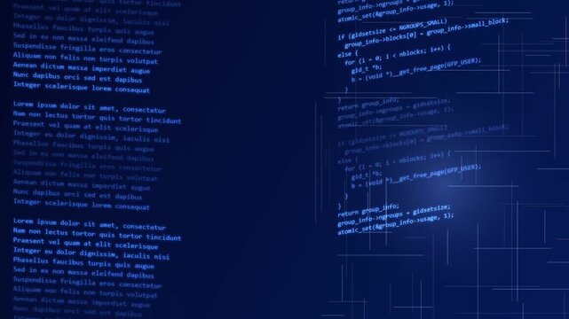 Computer programming code scrolling down on glowing blue dark digital screen with glowing abstract technical interface graphics