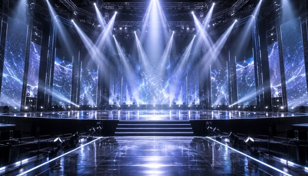 Futuristic concert stage with blue galaxy screens and dramatic spotlights