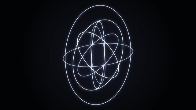 Glowing White Light Rings Rotating in 3D Motion Graphics Space Loop on a Dark Background Texture