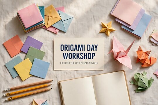 Origami day workshop flat lay with paper cranes, foxes, frogs, and stationery supplies