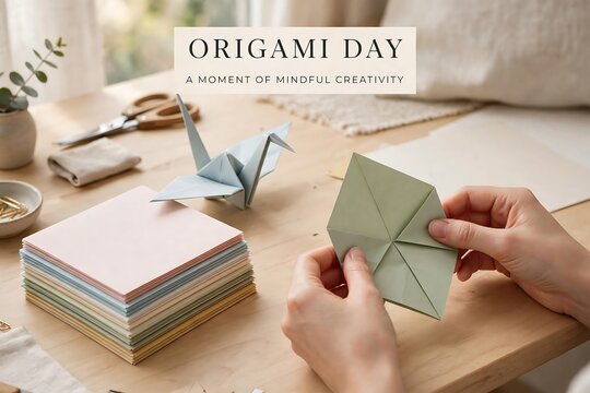 Person folding green paper into origami shape on a wooden table with a stack of colorful paper and a crane