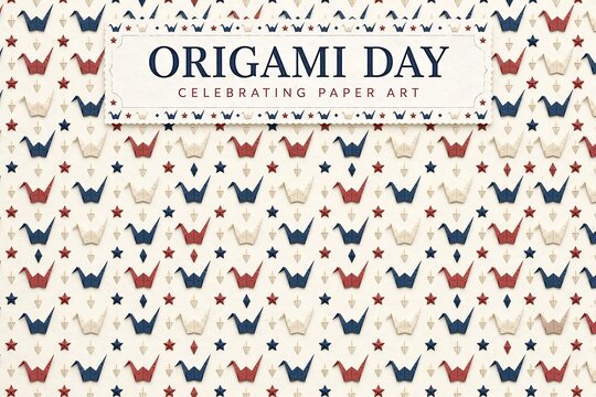 Origami day greeting card with paper cranes and stars seamless pattern background