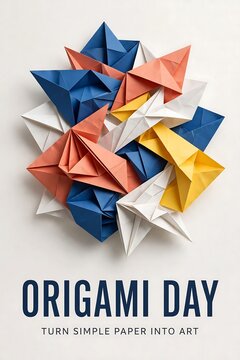 Origami day poster with colorful folded paper shapes arranged in a circular pattern isolated on white background