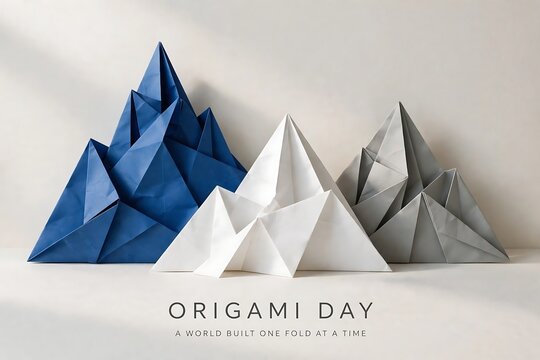 Origami paper mountains in blue, white, and grey colors arranged on a neutral surface