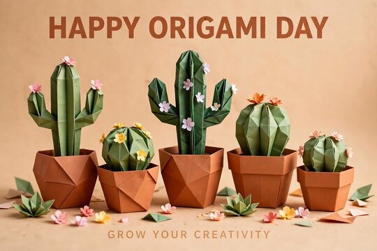 Origami paper cactus plants in terracotta pots for happy origami day celebration