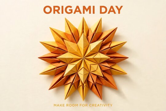 Origami paper star decoration with geometric folds on a light beige background