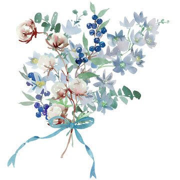Watercolor Winter Botanical Bouquet Clipart with Abstract Hand-Painted Cotton Flowers, Delphinium, Blue Berries and Leaves