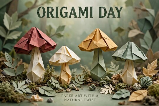 Origami mushrooms in a forest setting