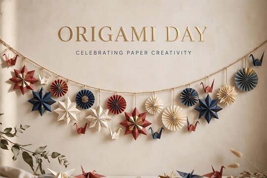 Origami day celebration banner with paper cranes and stars hanging on a string against a neutral background