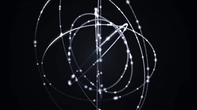 Rotating Atom Model with Glowing White Orbital Rings and Particle Spheres on a Deep Black Background