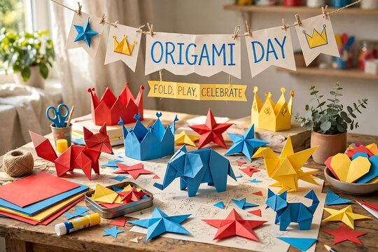 Origami day celebration with handmade paper animals, stars, crowns, and craft supplies on a wooden table