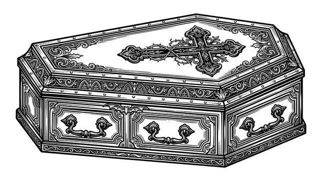 Ornate gothic coffin featuring intricate decorative carvings handles and a prominent christian cross rendered in sharp black and white ink line art style