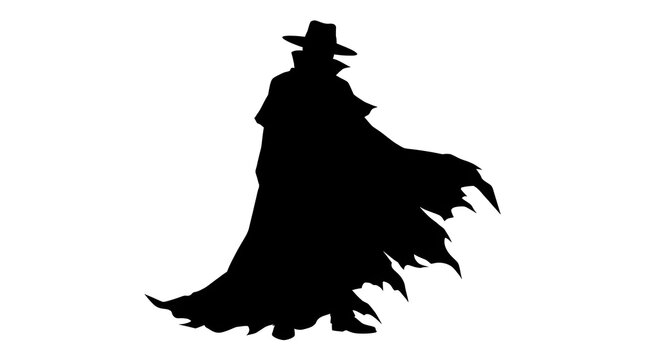 Mysterious detective silhouette wearing fedora hat and long trench coat standing against bright white background during secret urban investigation in monochrome vector graphic style