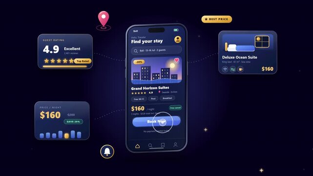 Smartphone Booking App Showcase Animation on Transparent Background