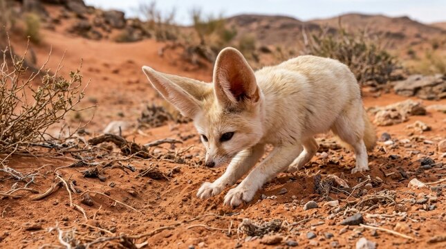 Pale fennec fox investigates the rocky, sunlit ground in an arid desert landscape