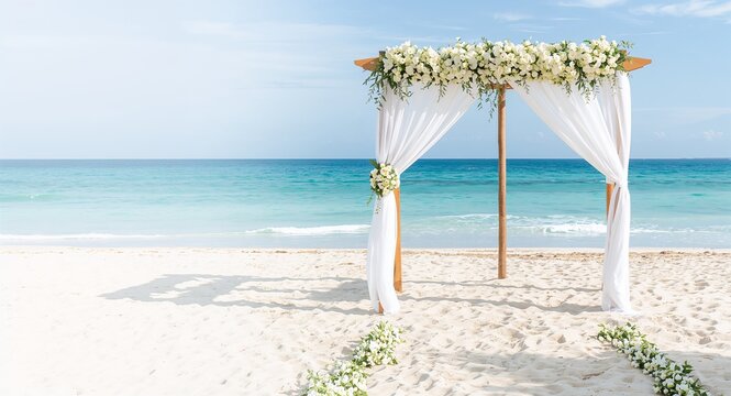 A romantic beach wedding ceremony is captured in watercolor, featuring a white floral arch and sandy aisle leading to the ocean, with serene space for quotes