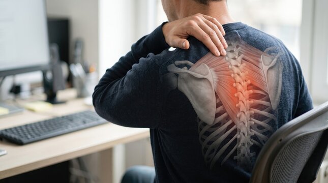 Man suffering from upper back and shoulder pain while working at a desk, conceptual medical illustration of skeletal anatomy