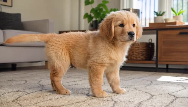 Cute Golden Retriever Puppy Sitting on a Sofa, Adorable Young Purebred Dog with Fluffy Golden Fur in a Cozy Home Setting