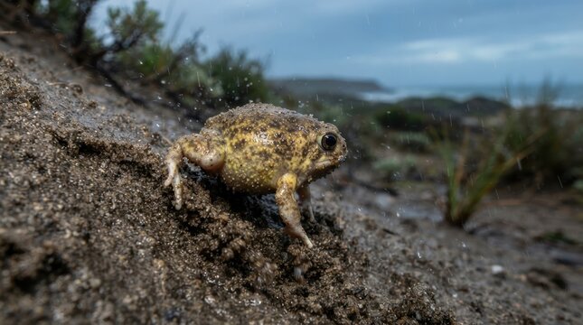 Desert rain frog climbing a rain-soaked sandy bank in a close view of its natural habitat
