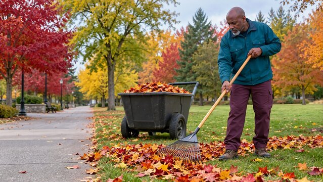 Groundskeeper raking fallen autumn leaves into a pile in a public park. Municipal worker clearing foliage with a lawn rake and utility cart