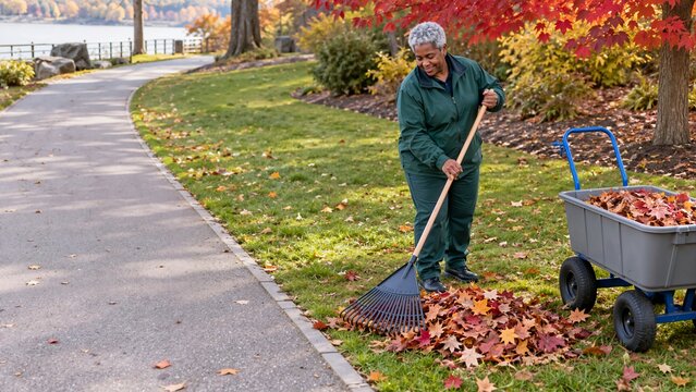 Park maintenance worker raking colorful autumn leaves along a pathway. Female groundskeeper clearing fallen foliage with a rake near a lake