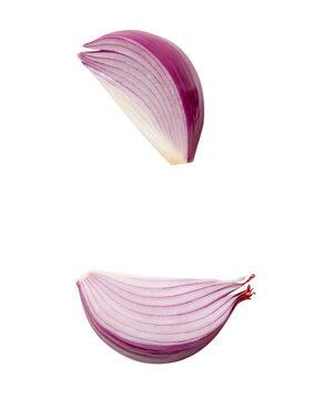 Top view set of fresh red or purple onion slices or pieces scattering isolated on white background with clipping path