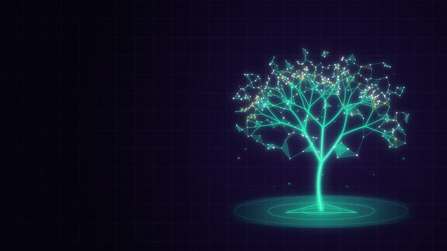 Futuristic digital tree growing with glowing nodes and network connections