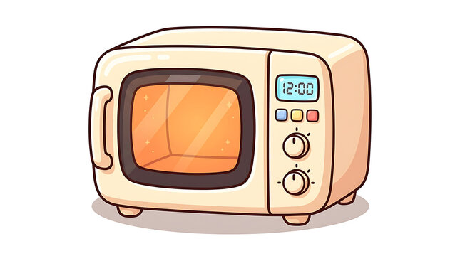 Cream colored microwave oven with digital display showing 12 00 isolated on transparent background in a cute flat vector illustration style