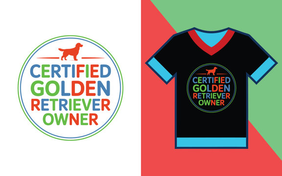 Certified golden retriever owner circular typography displayed on a black t-shirt with red and blue accents