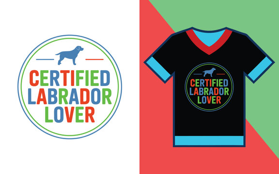 Certified labrador lover circular badge on a black v-neck t-shirt mockup for dog owners and fans