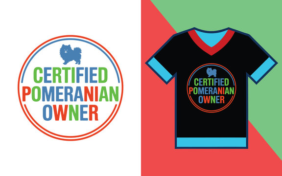Certified pomeranian owner colorful circular badge typography on a black t-shirt with blue and red trim details