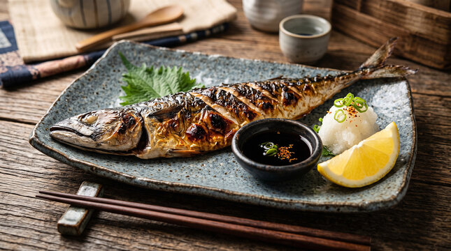 Grilled Saba Fish with Soy Sauce: A perfectly grilled saba fish, seasoned and charred to perfection, served with a side of soy sauce, daikon radish, and a lemon wedge on a rustic plate.