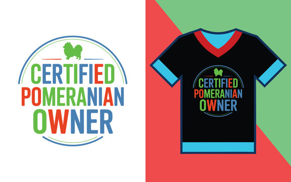 Certified pomeranian owner colorful circular badge typography on a black t-shirt with blue and red trim details