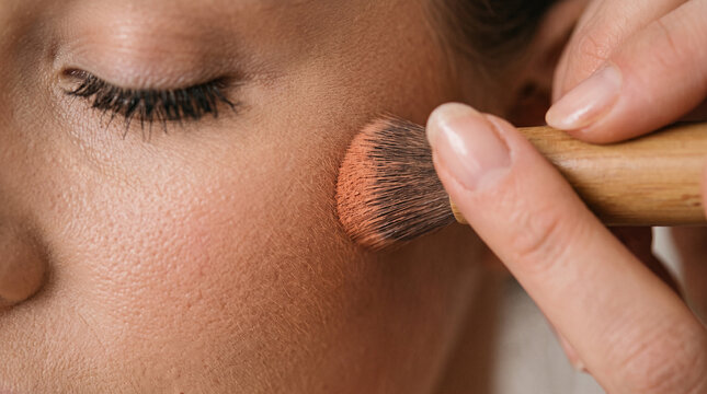 Application of Cosmetic Powder: A close-up shot captures a makeup artist's hand applying powder blush to a person's cheek with a brush, highlighting a delicate beauty routine.