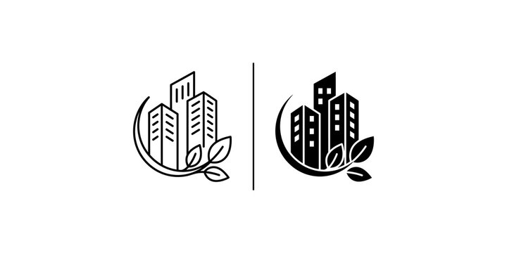 Eco friendly urban building logo icon sets featuring architectural structures with leaves and minimalist lines for sustainable development concepts.