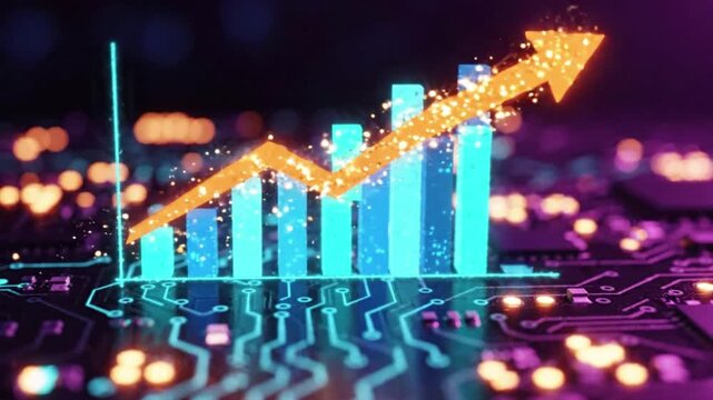 Digital Financial Growth Concept with Rising Bar Chart and Glowing Arrow on Futuristic Circuit Board Background
