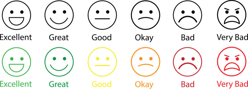 Customer satisfaction rating scale with emoji faces and text labels, flat vector illustration set