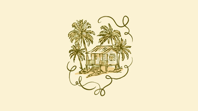 Vintage hand-drawn sketch of a tropical island beach shack on stilts surrounded by tall palm trees, rustic exotic getaway illustration in green ink with decorative swirls on beige background.