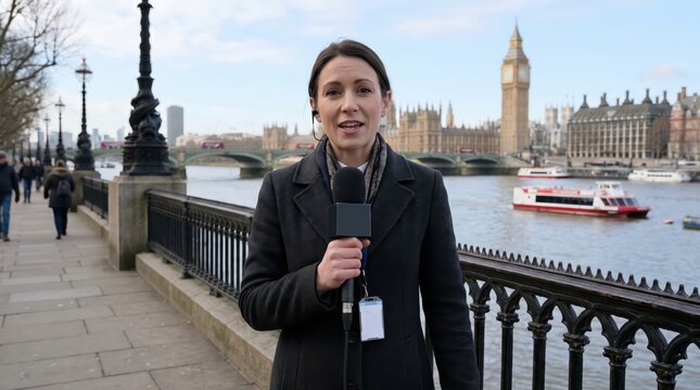 Female reporter speaking into microphone beside the River Thames in London. Big Ben and Parliament across the river. Broadcast journalism and live news reporting.