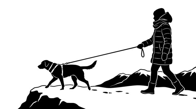 Vector illustration of person walking dog in mountains.