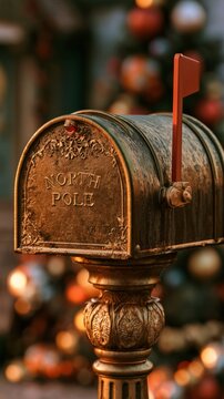 Antique North Pole Christmas Mailbox with Red Flag