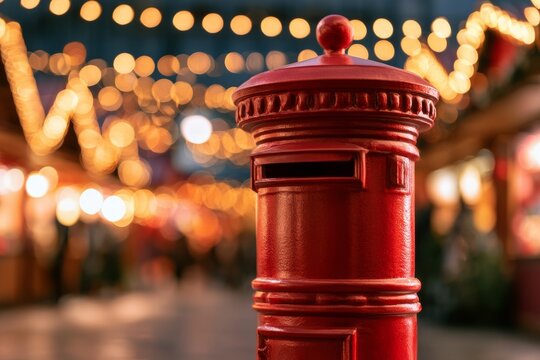 Classic Red Christmas Mailbox at Festive Market with Golden Lights